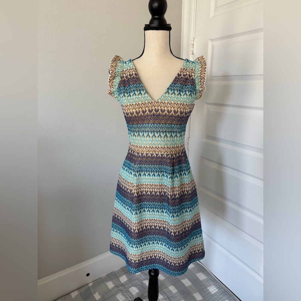 Anthropologie Tabitha Blue and Brown Patterned Mini Dress